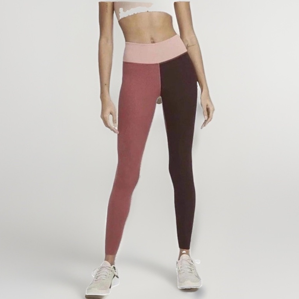 Nike One Luxe Canyon Rust & Brown Color Block Dri-Fit Ribbed  Leggings Large